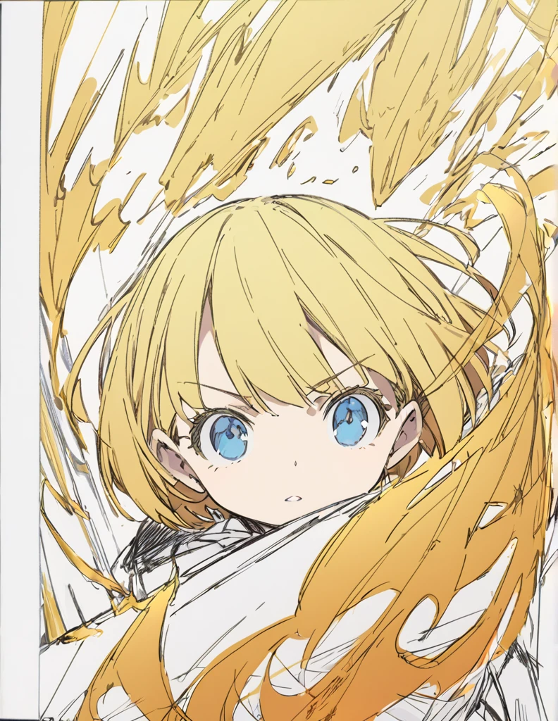 A girl fighting with golden flames(Sketches), (Open Close), (Small body), (Blonde:1.5) (Short Bob Hair:1.4), (Blue eyes)輝く