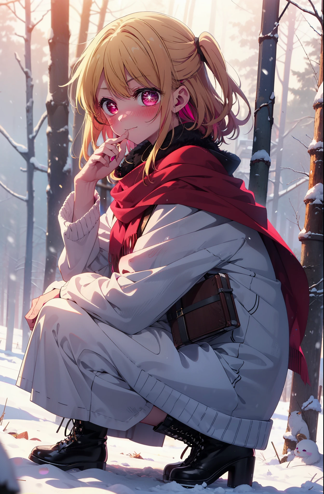 rubyhoshino, Hoshino Ruby, Long Hair, bangs, Blonde, (Pink Eyes:1.3), Side Lock, (Symbol-shaped pupil:1.5), Multicolored Hair, Two-tone hair, smile,,smile,blush,White Breath,
Open your mouth,snow,Ground bonfire, Outdoor, boots, snowing, From the side, wood, suitcase, Cape, Blurred, , forest, White handbag, nature,  Squat, Mouth closed, Cape, winter, Written boundary depth, Black shoes, red Cape break looking at viewer, Upper Body, whole body, break Outdoor, forest, nature, break (masterpiece:1.2), Highest quality, High resolution, unity 8k wallpaper, (shape:0.8), (Beautiful and beautiful eyes:1.6), Highly detailed face, Perfect lighting, Highly detailed CG, (Perfect hands, Perfect Anatomy),