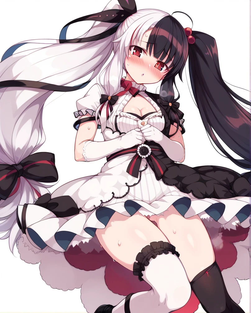 score_9, score_8_up, score_7_up, BREAK source_anime, rating_, best quality, masterpiece, ,1girl,((sweat)),blush,(steam),rena, twintails, very long hair, white gloves, puffy short sleeves, cleavage cutout, two-tone dress, asymmetrical legwear, mismatched legwear, thighhighs, black footwear,null_(nyanpyoun)