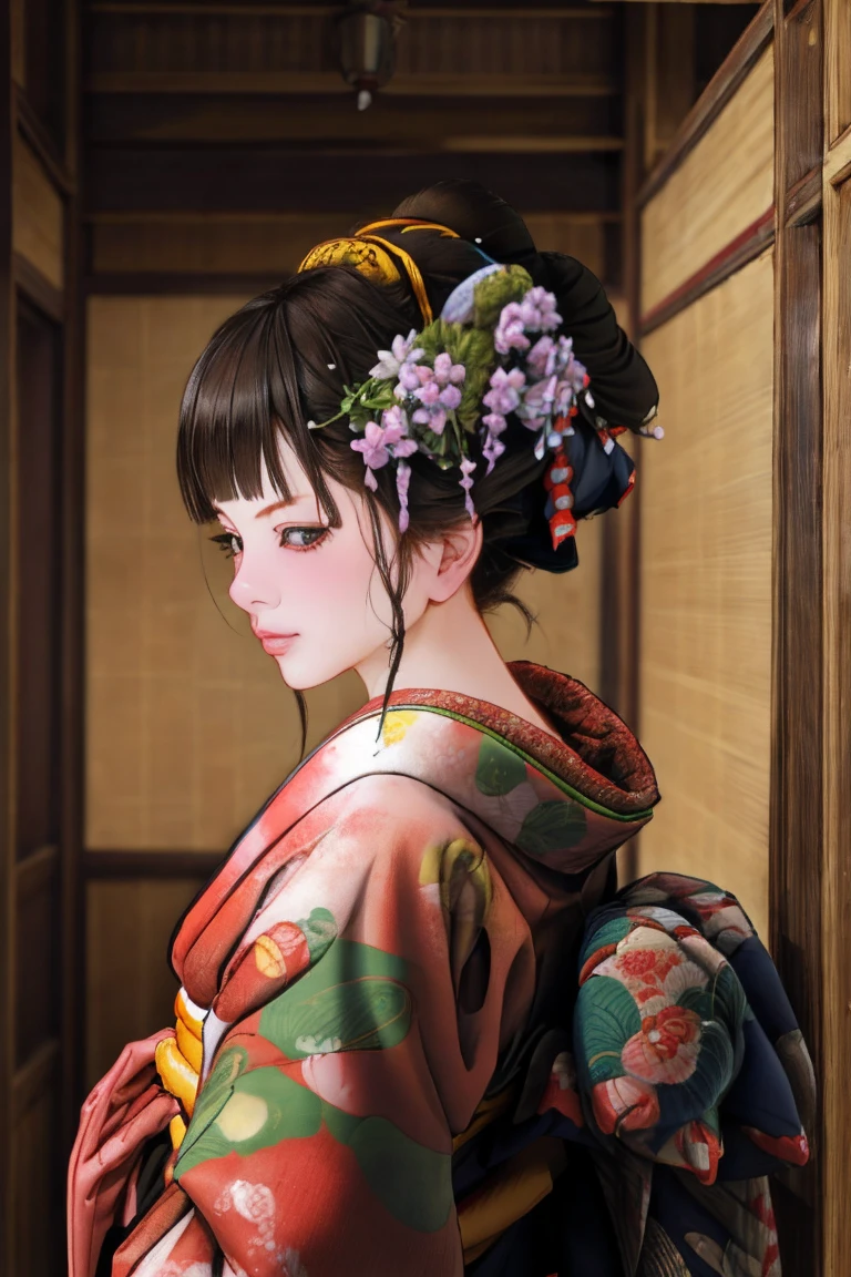 1 Girl, alone, Oiran, Maiko, country, Looking at the audience, short hair, Brown eyes, Brown Hair, Black Hair, hair ornaments, Upper Body, kimono, Blunt bangs, kimono, sash, Compensate, Bob cut hair,