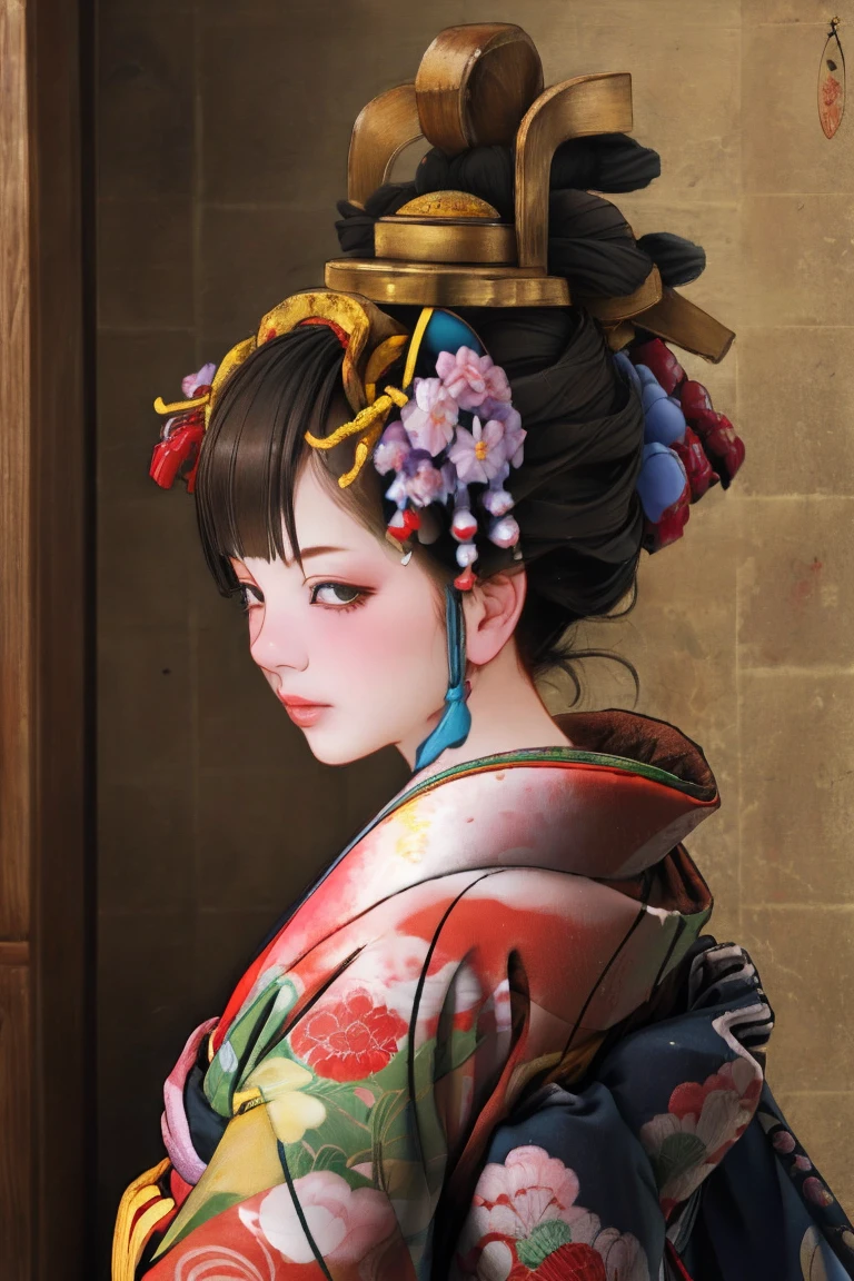 1 Girl, alone, Oiran, Maiko, country, Looking at the audience, short hair, Brown eyes, Brown Hair, Black Hair, hair ornaments, Upper Body, kimono, Blunt bangs, kimono, sash, Compensate, Bob cut hair,