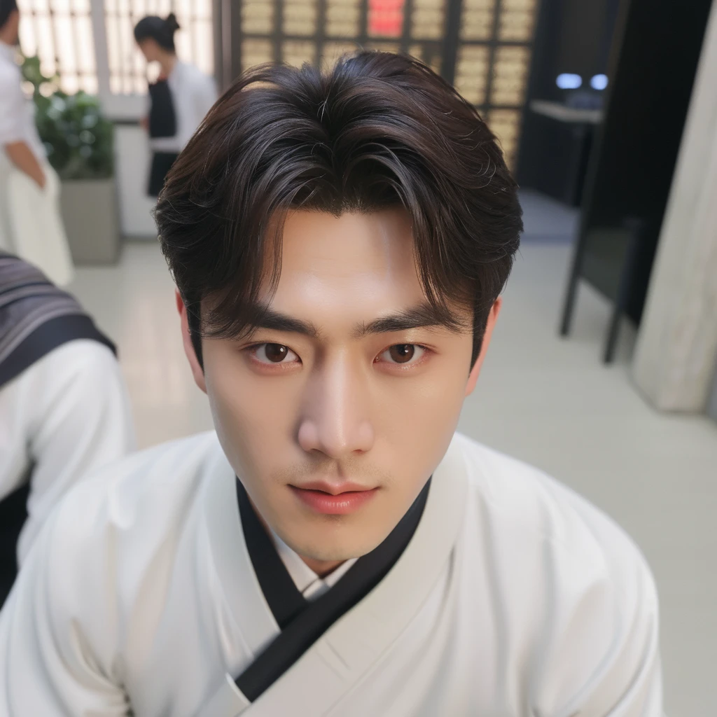 Best Quality, 8k, Masterpiece, (Portrait: 1.3), (photo realistic:1.4), (hyper realistic:1.4), Sharp Focus, looking at viewer, (smoother lighting:1.1), (increase cinematic lighting quality:0.9), realistic lighting, backlighting, light on face, ray trace, (brightening light:1.2), (Increase quality:1.4), sharp detail, (best quality real texture skin:1.4), finely detailed eyes, black_eyes, finely detailed face, 25 year old Korean man
