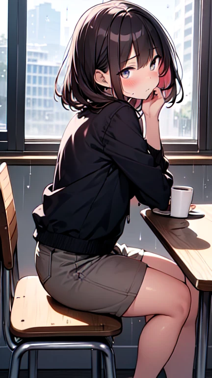 Highest quality, masterpiece, Ultra-high resolution, 8K, Show anime style , One, Soft line drawing, Digital Enhancement, shojo anime touch, shojo manga core, Flowing fabric, close, Soft Drawing, Ultra High Definition Digital Anime Art, Clear facial depiction, Highly detailed girl manga character art, Ultra-detailed manga style, Highest qualityの色, (Short brown hair), Wet Hair,Beautiful brown hair, Clear brown eyes, A little thick,Small breasts,Small Ass,She is sitting on a chair at the table in the room..,I sat in front of her,(((She turned her face away.、Staring blankly out the window.))),Rainy season sky,(Rain hits the window),((she is drinking coffee)),from side,Look out the window,Face close up