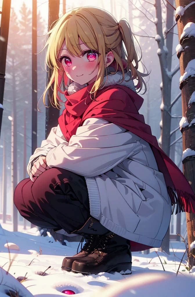 rubyhoshino, Hoshino Ruby, Long Hair, bangs, Blonde, (Pink Eyes:1.3), Side Lock, (Symbol-shaped pupil:1.5), Multicolored Hair, Two-tone hair, smile,,smile,blush,White Breath,
Open your mouth,snow,Ground bonfire, Outdoor, boots, snowing, From the side, wood, suitcase, Cape, Blurred, , forest, White handbag, nature, Squat, Mouth closed, Cape, winter, Written boundary depth, Black shoes, red Cape break looking at viewer, Upper Body, whole body, break Outdoor, forest, nature, break (masterpiece:1.2), Highest quality, High resolution, unity 8k wallpaper, (shape:0.8), (Beautiful and beautiful eyes:1.6), Highly detailed face, Perfect lighting, Highly detailed CG, (Perfect hands, Perfect Anatomy),