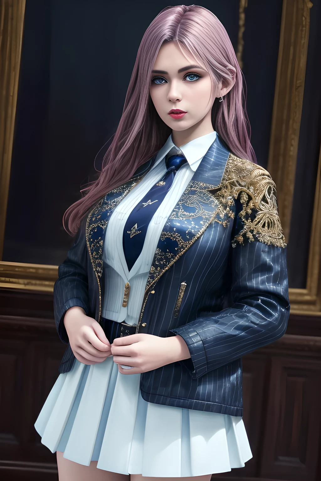 1girl,The upper body is a dark blue short-sleeved suit jacket, paired with a white shirt and a black tie. The jacket is decorated with white stripes, which adds a sense of fashion and layering. The lower body is a dark blue skirt that matches the jacket, ,beautiful detailed eyes, beautiful detailed lips, extremely detailed eyes and face, long eyelashes, best quality, 4k, 8k, highres, masterpiece, ultra-detailed, realistic, photorealistic, photo-realistic, ethereal glow, regal elegance, intricate details, luxurious, otherworldly beauty, dark atmospheric background, supernatural aura,  elise,