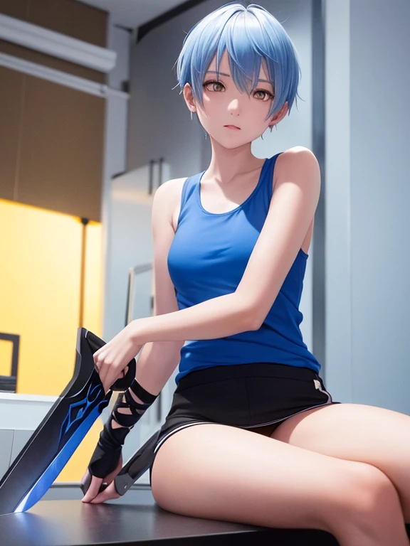 sky blue short haired girl, white tank top, black skort, yellow eyes, sitting on table, holding red translucent sword