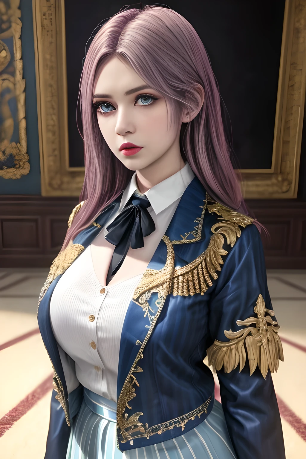 1girl,The upper body is a dark blue short-sleeved suit jacket, paired with a white shirt and a black tie. The jacket is decorated with white stripes, which adds a sense of fashion and layering. The lower body is a dark blue skirt that matches the jacket, ,beautiful detailed eyes, beautiful detailed lips, extremely detailed eyes and face, long eyelashes, best quality, 4k, 8k, highres, masterpiece, ultra-detailed, realistic, photorealistic, photo-realistic, ethereal glow, regal elegance, intricate details, luxurious, otherworldly beauty, dark atmospheric background, supernatural aura, elise,