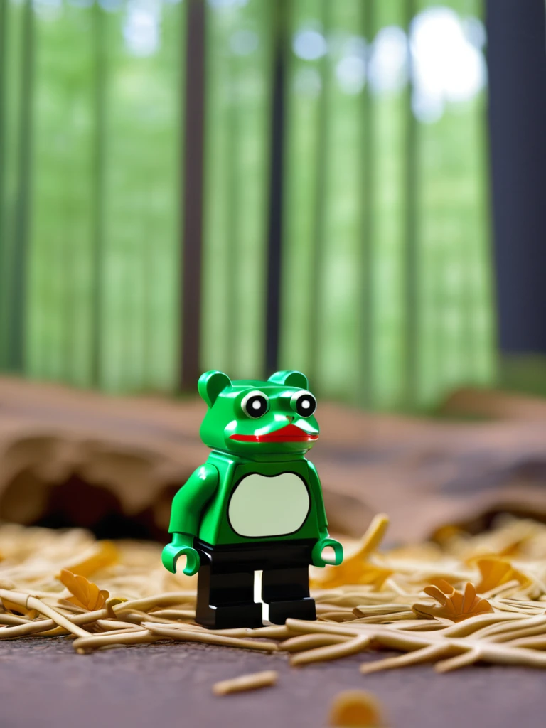 LEGO MiniFig,a photo of (pepe_frog),(inu_shiba) bokeh forest background, close-up, 