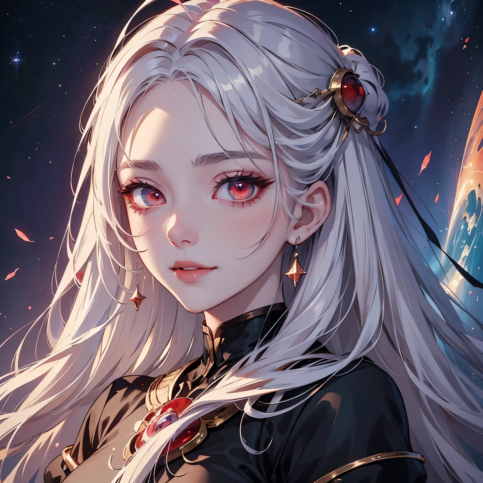 (masterwork), (best quality), white hair, red eyes,1girl, pale skin, white hair, red eyes, two tone hair, eyelashes, bracelet, jewelry, smile, gleaming skin, shiny hair, detailed and majestic stage, Fantasy, Long Hair, 1 girl, two-tone hair, night sky, Incredibly detailed CG illustration masterpiece, looking at you, anime, beautiful anime eyes, beautiful detailed eyes, eyes, glittering eyes, red eyes, galaxy, nebula, (big detailed eyes)