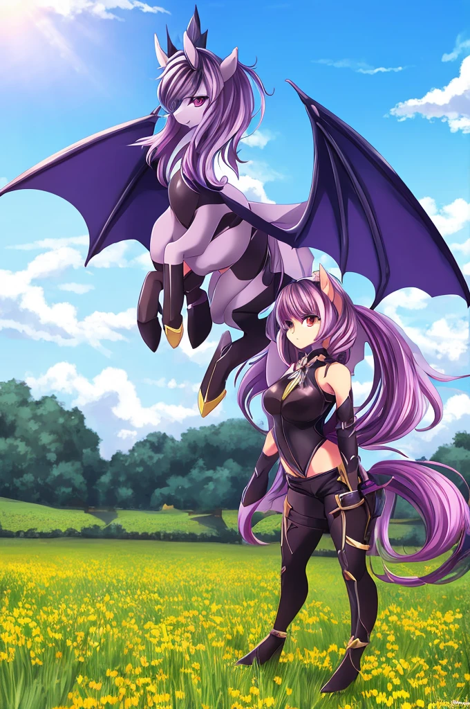 anime pony with bat wings on head standing in a field, anthropomorphic mare, with hooves and wings, anime in fantasy style, commission for, commission art, detailed fanart, commission on furaffinity, fullbody commission for, commission, furaffinity commission, in an anime style, holo