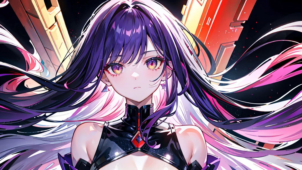 masterpiece, Highest quality, 8K,Pitch black background,（masterpiece，Side slits，Beautiful Eyes：1.2），（masterpiece*Sports Late），Sports Late，bust，（bust），real，Anatomically correct，3D Face，Shiny skin，（alone），Purple hair and dyed pickaxe，Gradient Hair，（Face close-up），Nice face，（Scarlet eyes like fire opals），Drooping eye corners，（（Skin with attention to detail，Pores are visible）），（Perfect body），beautiful girl，Small breasts，（（woman'Super Short Shawl Leather Jacket）），（（School_uniform）），（Neck Ring），Very short gloves，（rock），（Laser material clothing：1.2）,Blue Neon,night, Shining Eyes, Black light