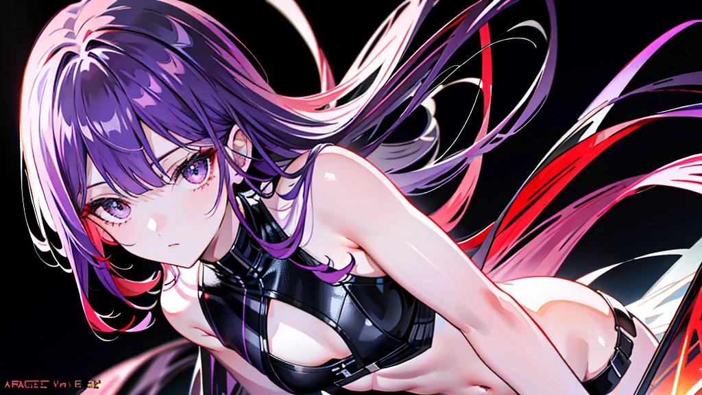 masterpiece, Highest quality, 8K,Pitch black background,（masterpiece，Side slits，Beautiful Eyes：1.2），（masterpiece*Sports Late），Sports Late，bust，（bust），real，Anatomically correct，3D Face，Shiny skin，（alone），Purple hair and dyed pickaxe，Gradient Hair，（Face close-up），Nice face，（Scarlet eyes like fire opals），Drooping eye corners，（（Skin with attention to detail，Pores are visible）），（Perfect body），beautiful girl，Small breasts，（（woman'Super Short Shawl Leather Jacket）），（（School_uniform）），（Neck Ring），Very short gloves，（rock），（Laser material clothing：1.2）,Blue Neon,night, Shining Eyes, Black light