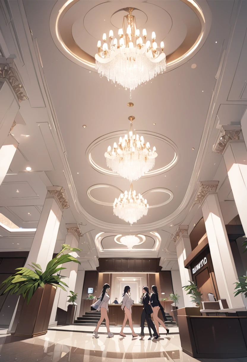 sofa,plant,from below,(hotel entrance,hotel lobby,front desk,check-in:1.3), dynamic angle, nsfw, (6girl:1.2),masterpiece, best quality, (group yuri:1.4), dynamic angle, black hair, (textured skin:0.8), dramatic lighting, walking, large breasts,