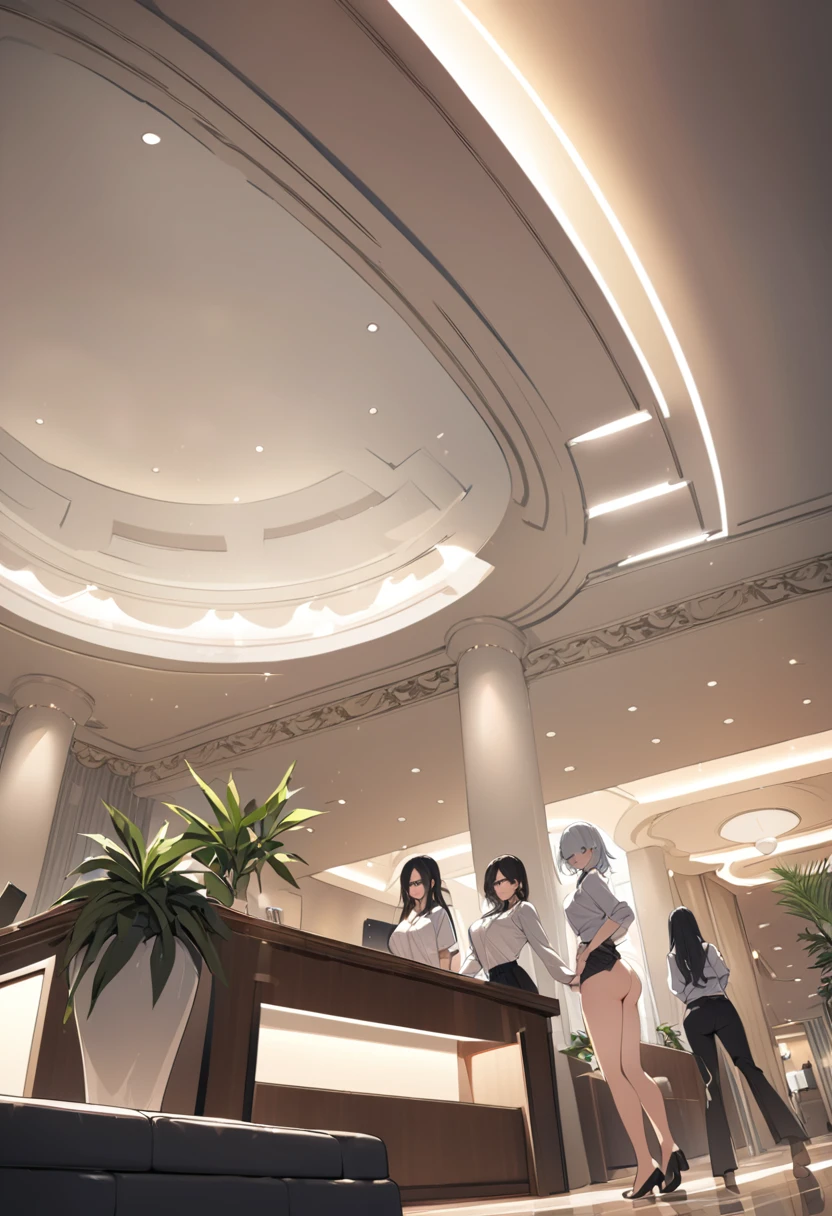 sofa,plant,from below,(hotel entrance,hotel lobby,front desk,check-in:1.3), dynamic angle, nsfw, (6girl:1.2),masterpiece, best quality, (group yuri:1.4), dynamic angle, black hair, (textured skin:0.8), dramatic lighting, walking, large breasts,