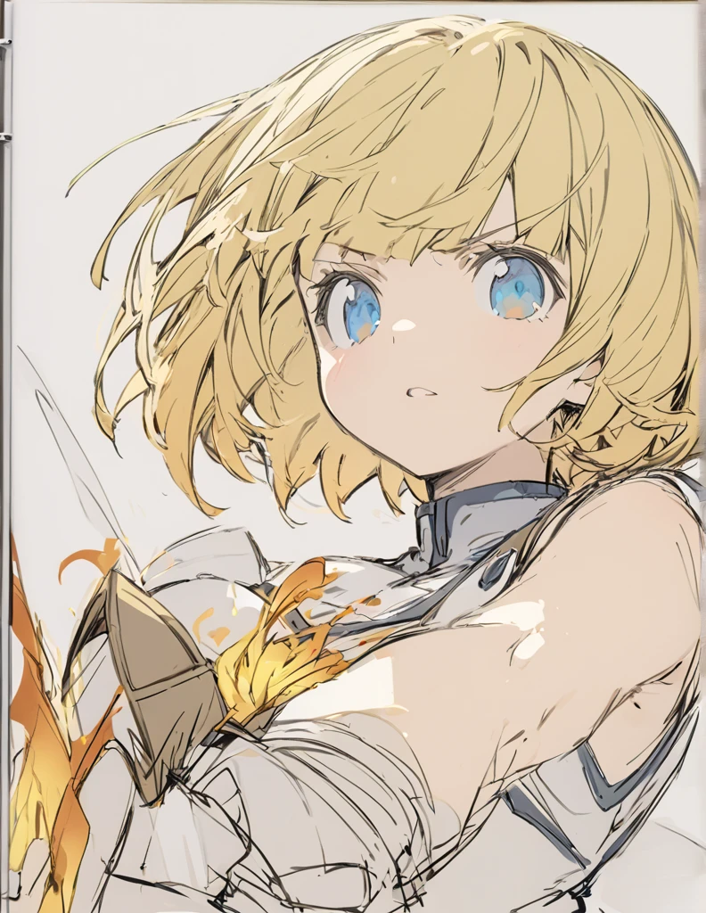 A girl fighting with golden flames(Sketches), (Open Close), (Small body), (Blonde:1.5） (Short Bob Hair:1.4), (Blue eyes)輝く
