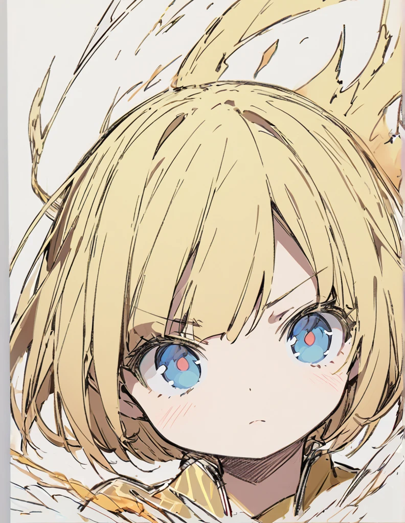 A girl fighting with golden flames(Sketches), (Open Close), (Small body), (Blonde:1.5) (Short Bob Hair:1.4), (Blue eyes)輝く