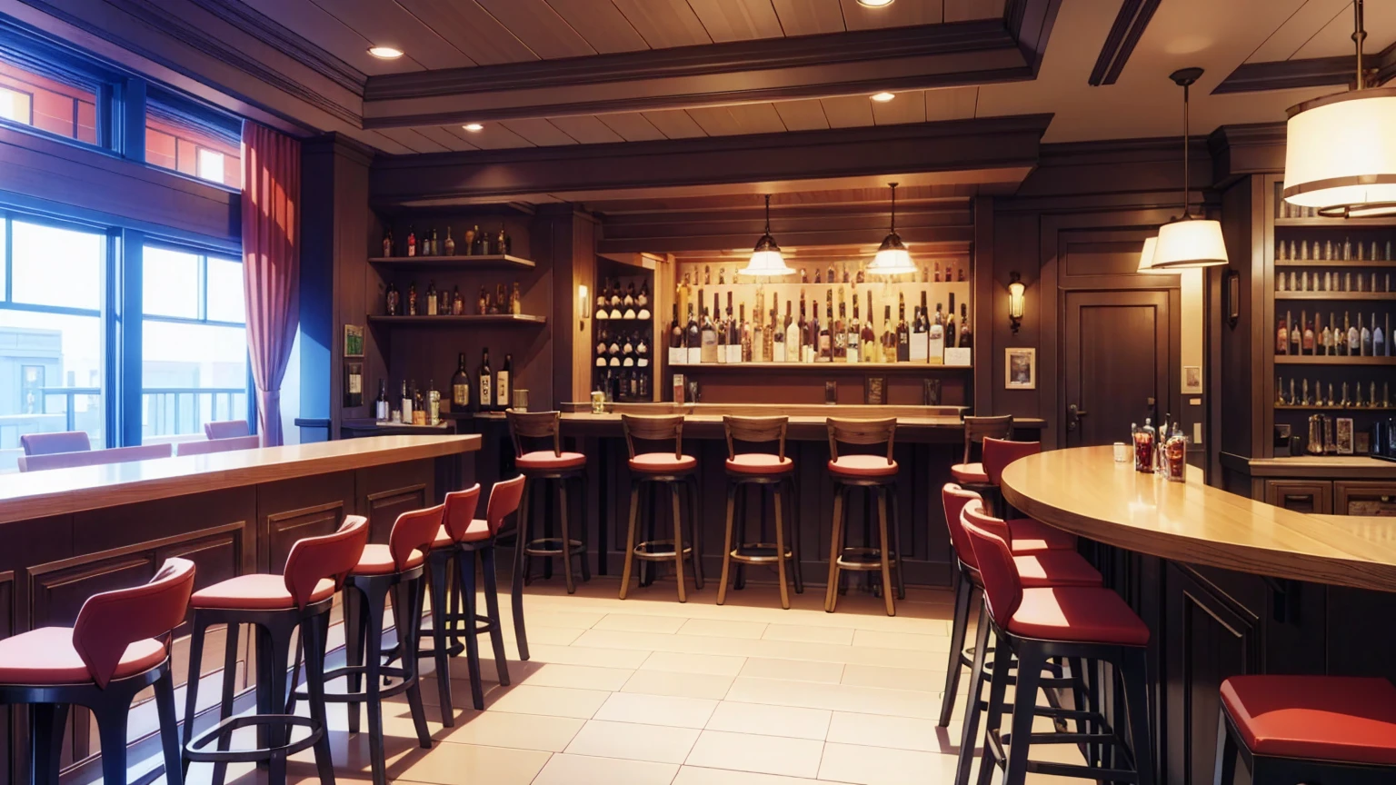 Background inside the bar,,,masterpiece,game CG,アニメ,Unmanned, No human,background,,,, indoor, liquor shelves, bar counter, bar chairs