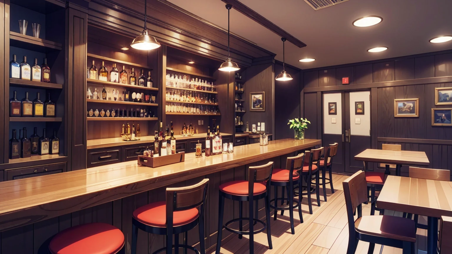 Background inside the bar,,,masterpiece,game CG,アニメ,Unmanned, No human,background,,,, indoor, liquor shelves, bar counter, bar chairs