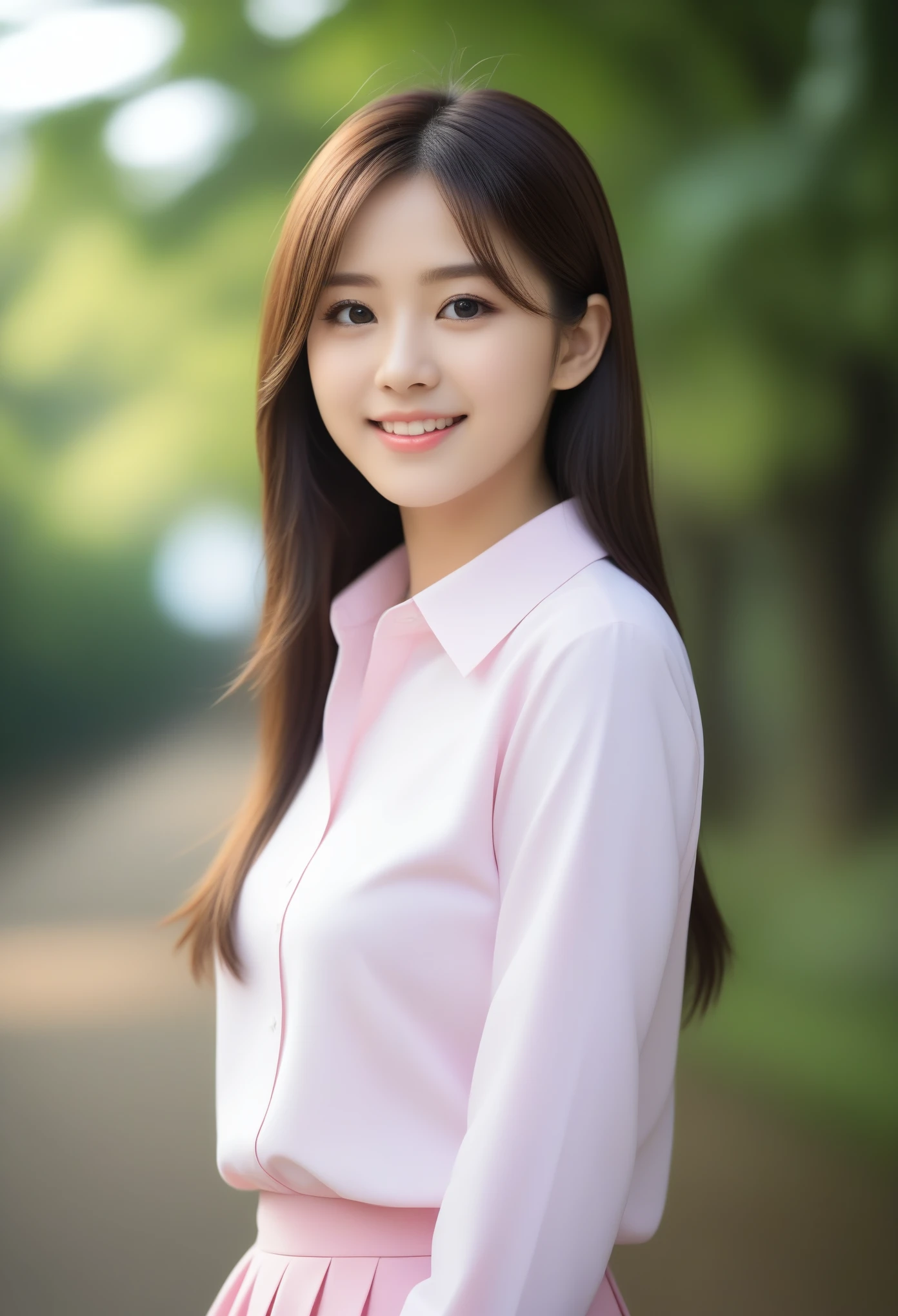 8K, Ultra-high resolution, Highest quality, masterpiece, 三分割法によるphotograph,Surreal, photograph, 1 girl, (:1.3), pretty girl, Cute face, Beautiful eyes in every detail, 細かくdetailedに,masterpiece,, One Girl:1.2, Japan Female Announcer,whole body,Young Wife,Pale pink collared shirt,Country Road,Looking up at the sky,profile,Pencil Skirt、Full of cleanliness,A carefree smile,Healing the heart,Semi-long layered hair,Looking at the audience、beauty,Long neck、Laugh a little、Please close your mouth and laugh、(((Ideal body type))),A-cup small breasts :2,、Portraiture:2、Perfect Anatomy、鮮明なdetailed、detailed、Surreal、Light and shadow,Strong light