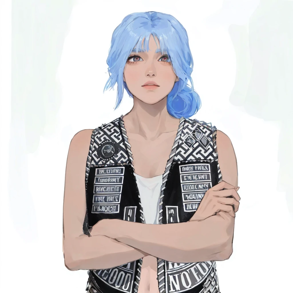 (masterpiece:1.2, best quality), (1girl, solo, upper body:1.2),flat face,Hair: buzz cut, Clothing: oversized, distressed denim jacket with patches and pins, paired with black skinny jeans and combat boots, Hanging out in an underground music venue or street art exhibit
