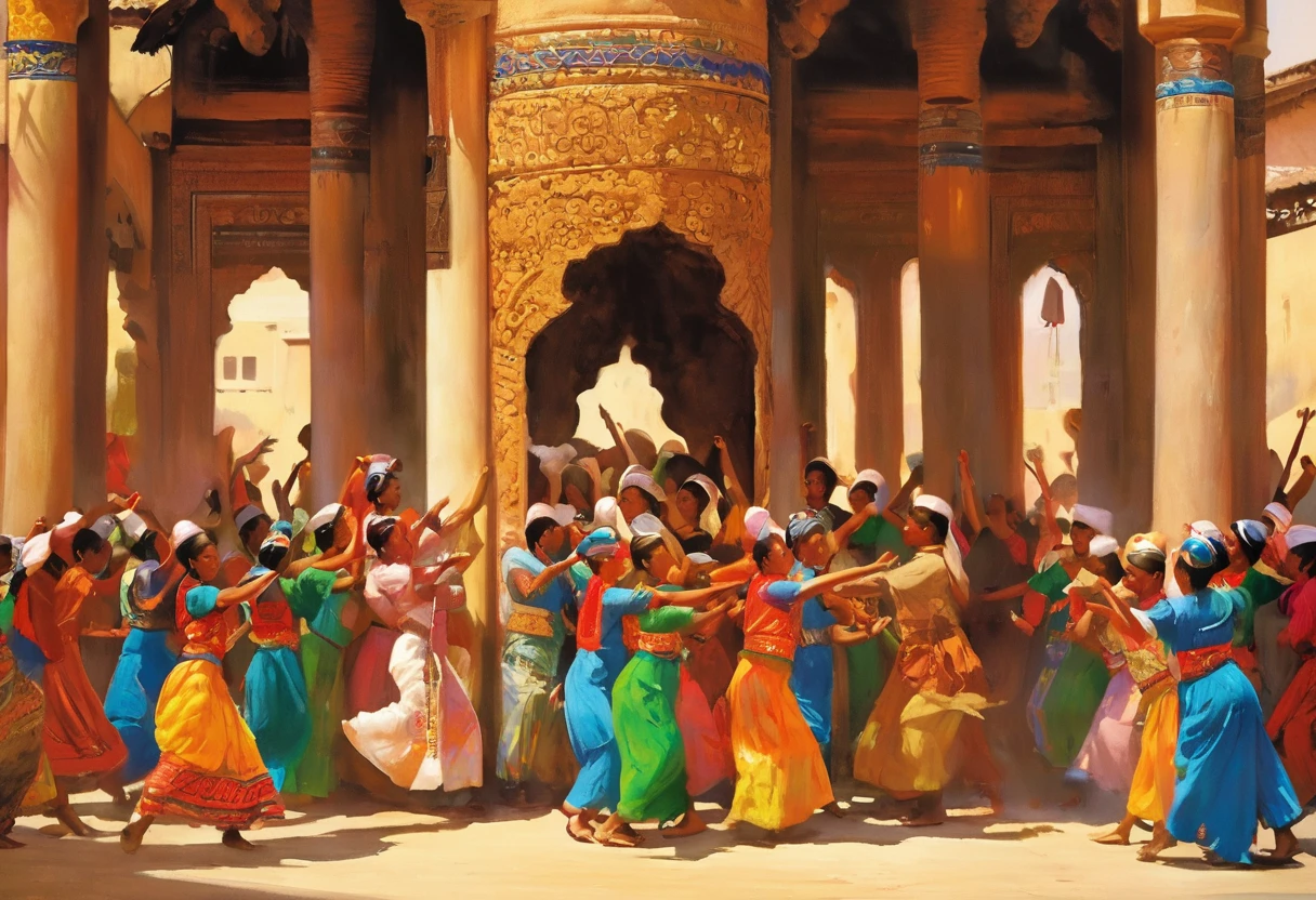 Ethnic minorities dancing together around the pillar,many people