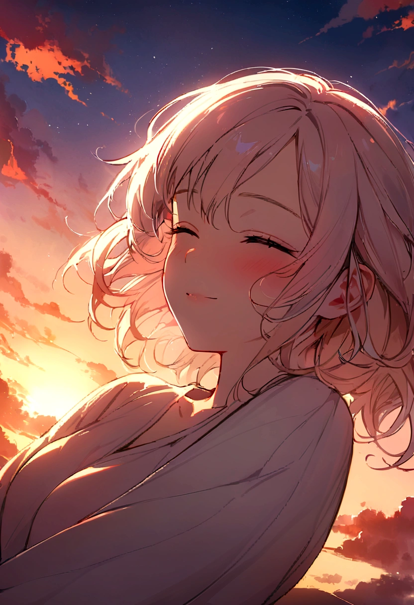 masterpiece, Highest quality, Movie Steel, 1 Female, Cloud Girl, Floating in the sky, close, Luminance, happiness, Warm and soft lighting, sunset, Sleep, うつ伏せでsleep, sleep, close your eyes. (spark:0.7)