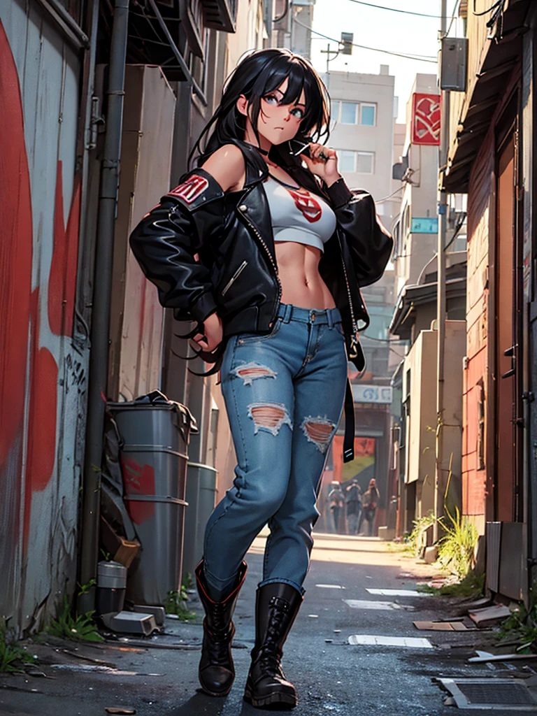 (masterpiece、top-quality、hight resolution), Depict a rough delinquent girl standing in an urban alley. She has a rebellious expression, with a cigarette dangling from her mouth and a baseball bat resting on her shoulder. Her clothing is disheveled and edgy, featuring ripped jeans, a leather jacket, and heavy boots. Graffiti-covered walls and trash cans line the alley, emphasizing the gritty setting. Her stance is aggressive and defiant, exuding a tough, unruly attitude.
