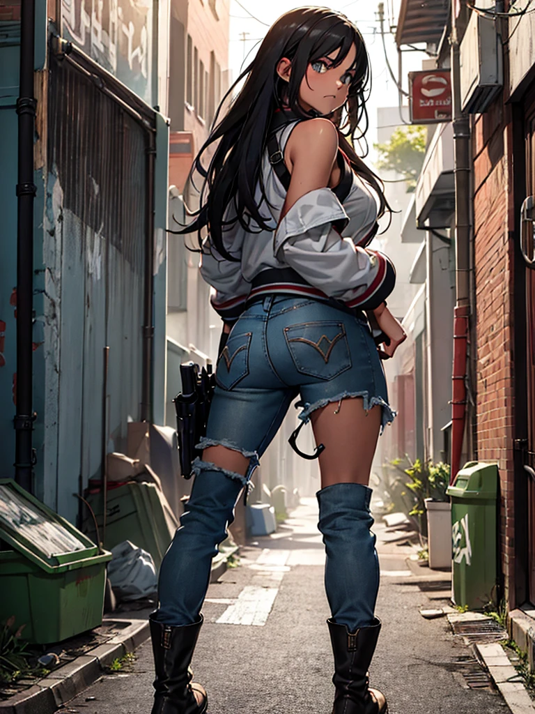 (masterpiece、top-quality、hight resolution), Depict a rough delinquent girl standing in an urban alley. She has a rebellious expression, with a cigarette dangling from her mouth and a baseball bat resting on her shoulder. Her clothing is disheveled and edgy, featuring ripped jeans, a leather jacket, and heavy boots. Graffiti-covered walls and trash cans line the alley, emphasizing the gritty setting. Her stance is aggressive and defiant, exuding a tough, unruly attitude.