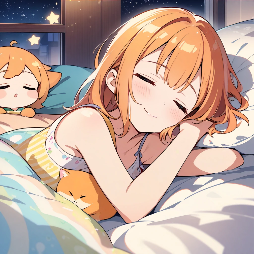 masterpiece、Highest quality、Depth of subject、2D illustration、1 beautiful girl、独奏, (((chibi style)))、((night)), ((window)), ((starry sky)), Long, beautiful hair、Shiny orange hair、cute、Beautifully detailed eyes、((closed eyes))、((blanket))、a cute sleeping kitten on blanket, ((colorful))、Camisole dress、((happy smile))、sleeping on bed, ((medium shot))、((Asleep in bed)), ((in the room))、((There's a lot of pink around))、Thighs、((vivid color))、sparkle、((Lens flare))、