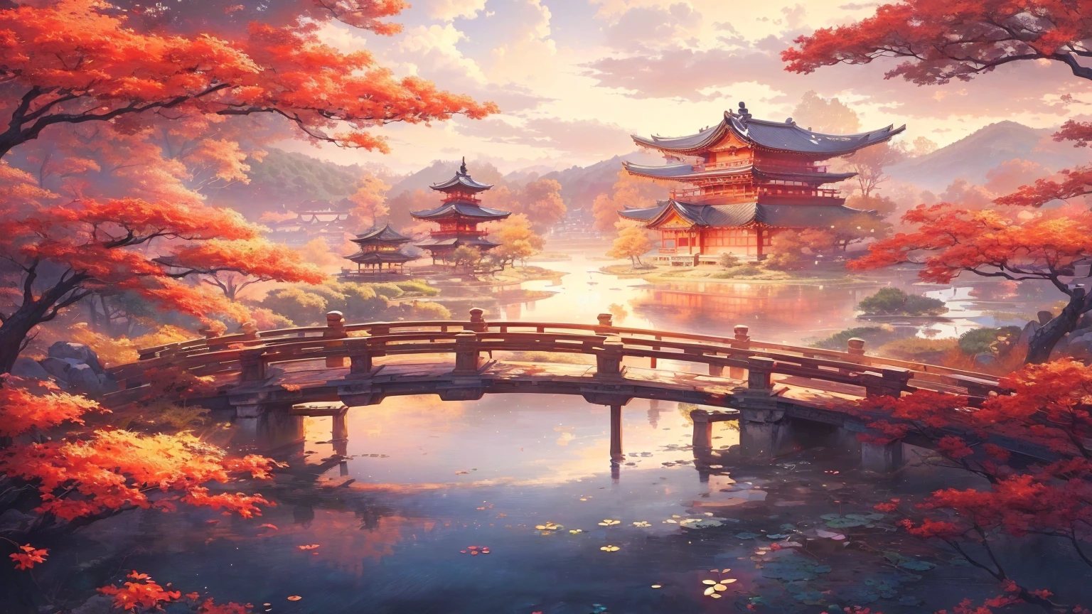 A painting，The painting shows a bridge over a pond，A pagoda in the background, Anime Art Wallpaper 4K, Anime Art Wallpaper 4K, Japanese art style, anime art wallpaper 8 k, Beautiful art UHD 4K, Japanese cities, Anime style 4K, Anime Wallpaper 4K, Anime Wallpaper 4K, Anime Background Art, Landscape Artwork, 8k high quality detailed art