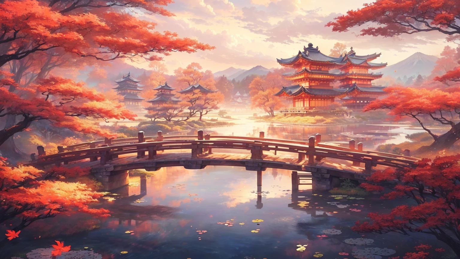 A painting,The painting shows a bridge over a pond,A pagoda in the background, Anime Art Wallpaper 4K, Anime Art Wallpaper 4K, Japanese art style, anime art wallpaper 8 k, Beautiful art UHD 4K, Japanese cities, Anime style 4K, Anime Wallpaper 4K, Anime Wallpaper 4K, Anime Background Art, Landscape Artwork, 8k high quality detailed art