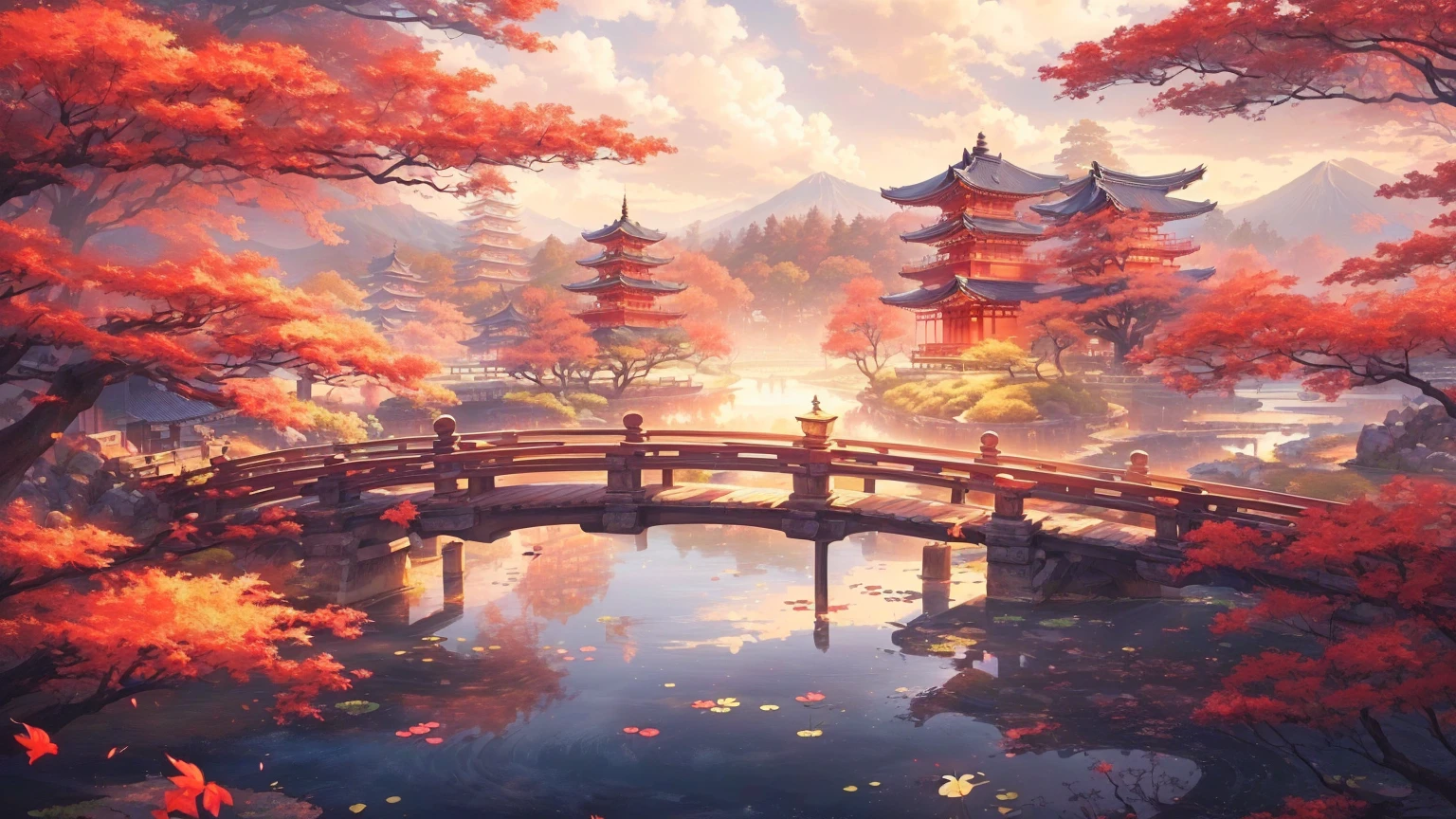 A painting，The painting shows a bridge over a pond，A pagoda in the background, Anime Art Wallpaper 4K, Anime Art Wallpaper 4K, Japanese art style, anime art wallpaper 8 k, Beautiful art UHD 4K, Japanese cities, Anime style 4K, Anime Wallpaper 4K, Anime Wallpaper 4K, Anime Background Art, Landscape Artwork, 8k high quality detailed art