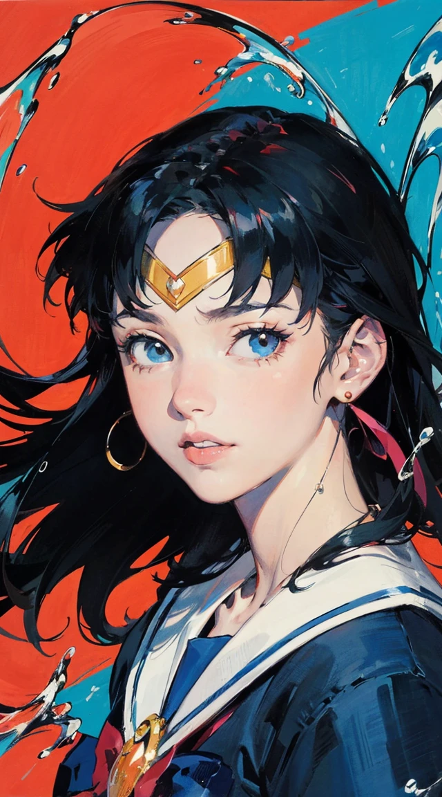 Realistic portrait of the protagonist of the anime Sailor Moon (Super detailed,ultra high resolution,detailed background),((2D)),((flat color)),((colorful)),((floating colorful water)),1 girl,alone,looking at the viewer,break