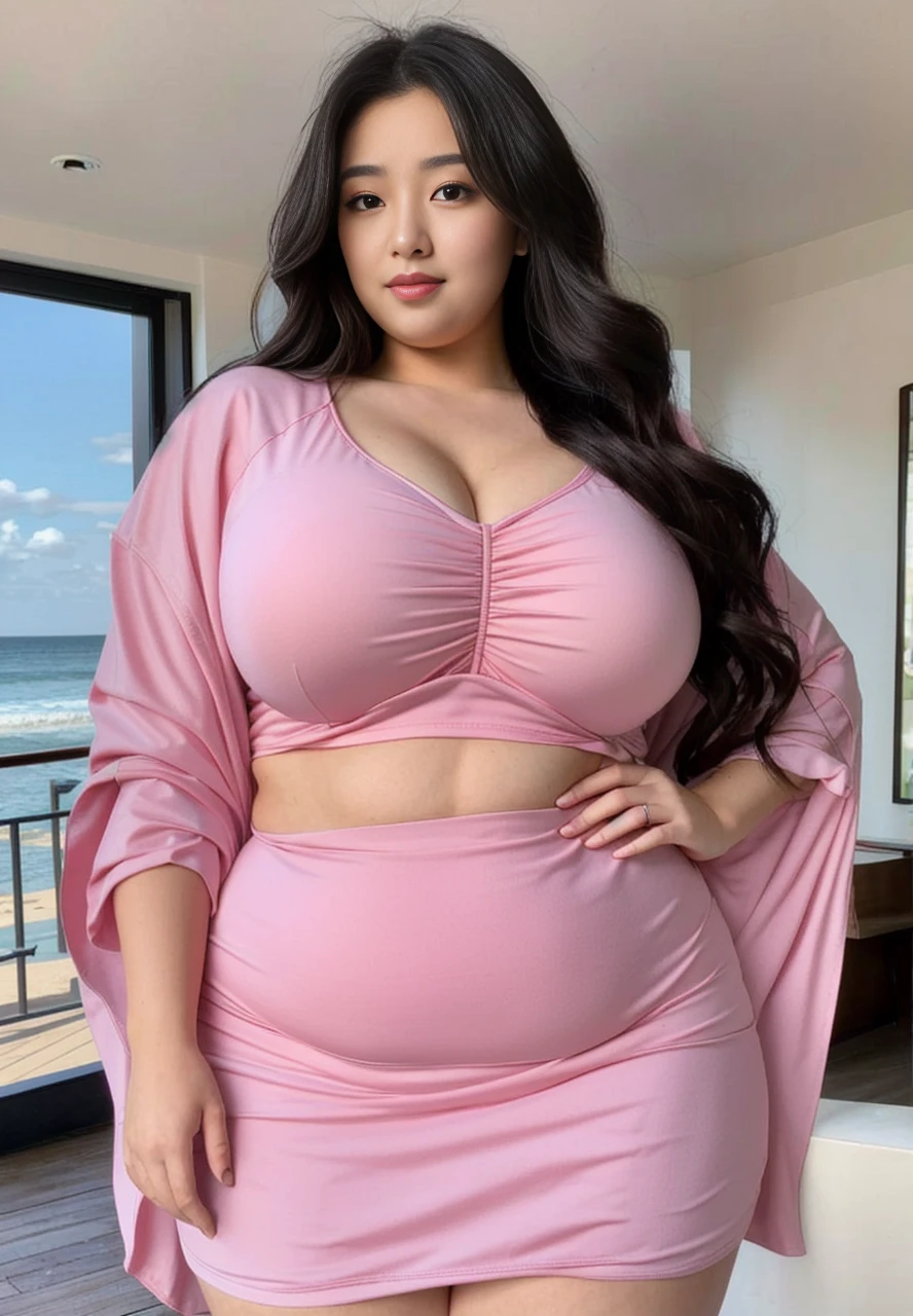 ((best quality)), ((masterpiece)), (detailed), perfect face, araffeTight skirtsShort , thicc, wavy short hair, she has a jiggly fat round belly, bbwchan, wearing tight simple clothes, skinny waist and thick hips, widest hips, her belly is fat and round, soft curvy shape, hyperrealistic full figure, wearing a cute top, wide hips, Blue swimsuit,On the beach by the seaBlue