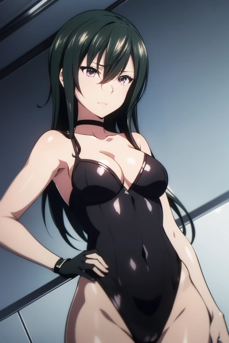 messy hair, hairs between eyes,  long hair, black hair, pink eyes, masterpiece, super fine illustration, beautiful, best quality, ultra high res, cg unity 8k wallpaper, black clothes, black wear, shiny hair, large breasts, choker, cleavage cutout, thighighs, elbow gloves, , high leg leotard, perfect eyes, ultra detailed beautiful face, 