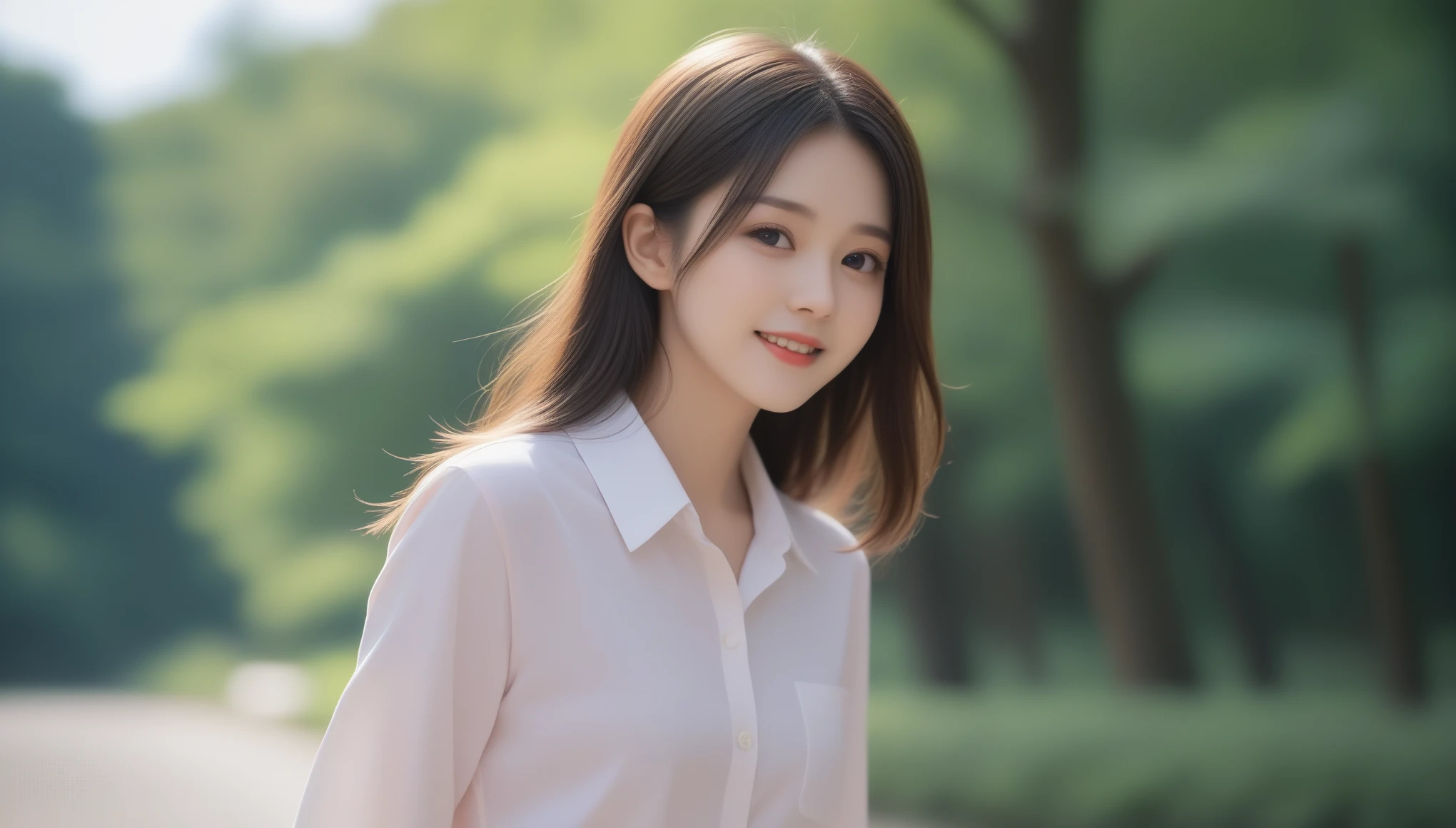 8K, Ultra-high resolution, Highest quality, masterpiece, 三分割法によるphotograph,Surreal, photograph, 1 girl, (16 years old:1.3), pretty girl, Cute face, Beautiful eyes in every detail, 細かくdetailedに,masterpiece,, One Girl:1.2, Japan Female Announcer,whole body,Young Wife,Pale pink collared shirt,Country Road,Looking up at the sky,profile,Pencil Skirt、Full of cleanliness,A carefree smile,Healing the heart,Semi-long layered hair,Looking at the audience、beauty,Long neck、Laugh a little、Please close your mouth and laugh、(((Ideal body type))),A-cup small breasts :2,、Portraiture:2、Perfect Anatomy、鮮明なdetailed、detailed、Surreal、Light and shadow,Strong light