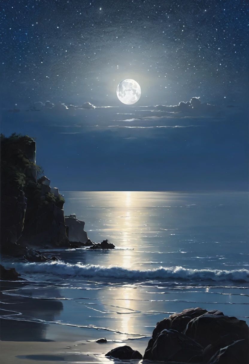 Under the serene glow of a full moon, a tranquil sea stretches out into the horizon. The moonlight casts a silver sheen over the gentle ripples of the water, creating a shimmering path that seems to lead to the moon itself. Soft waves lap at the shore, whispering secrets to the night. In the distance, silhouettes of small islands and rocks break the smooth line of the horizon. The sky is clear, with stars scattered like diamonds. This peaceful nocturnal seascape exudes calm and quiet beauty, inviting contemplation and a sense of wonder.