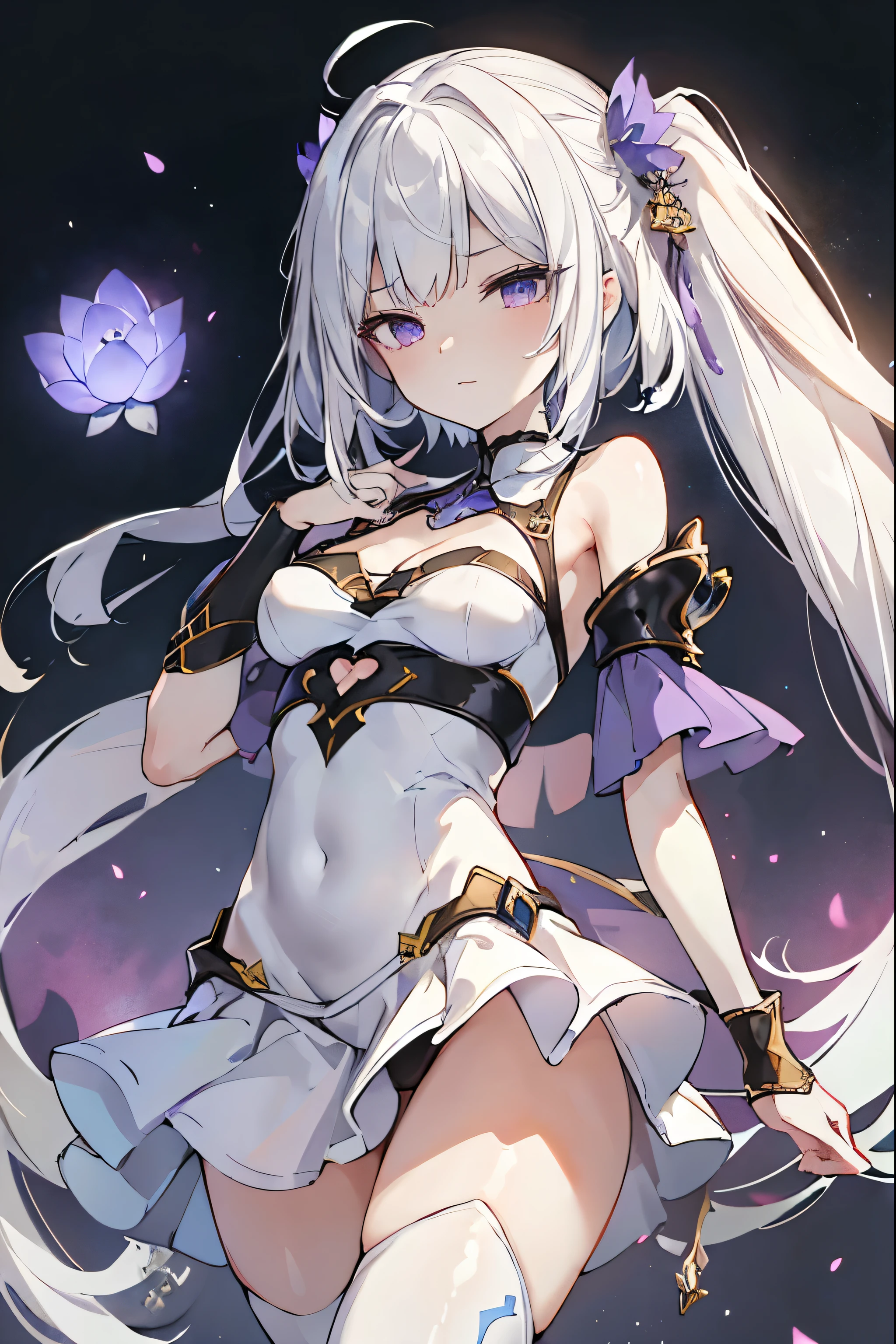 1girl, anime, cute girl, blank background, white background, fantasy, detailed fantasy dress with highlights, beautiful face, beautiful eyes, dark colors, black hair with multicolor streaks, red eye with different color pupil in eye, multicolor eye, medium breasts, slight cleavage, beautiful skin, cute, breast curtains, extremely delicate and beautiful, (beautiful detailed face:1.0), (detailed deep eyes), symmetrical breasts, deep eyes, shiny skin, portrait, slender waist, hips wider than shoulders, thighs, expressionless, young girl, luminous eyes, adorable，（Kpop idol）,（aegyo sal：1），（Platinum blonde hair：1），（（puffy eye）），Black ，sexy posture，Superskirt, Ultra-high resolution，Black collar，slim figure, Abdominal y tattoo,  tattoo，Tight-fitting leg ring，y tattoo on half-body，, Armored hand，Hidden fingertips，Hand covered，Arm covered，Fist covered,{{beautiful detailed fingers}}, tufts of hair, moderate beautiful breast:1.0,(masterpiece:1.2), best quality, high-res, HDR, perfect face, intricate armor, delicate blue filigree, intricate filigree, red metalic parts, detailed part, dynamic pose, dynamic lights, cute face, neutral expression, shuimobysim, lotus, Hanfu, maxi skirt, dress conservatively 1girl, solo, long blue hair, standing, One lady,14years,((White hair) ,(Shiny purple  with ),((Fantasy, Moon Night)), gradient_eyes,