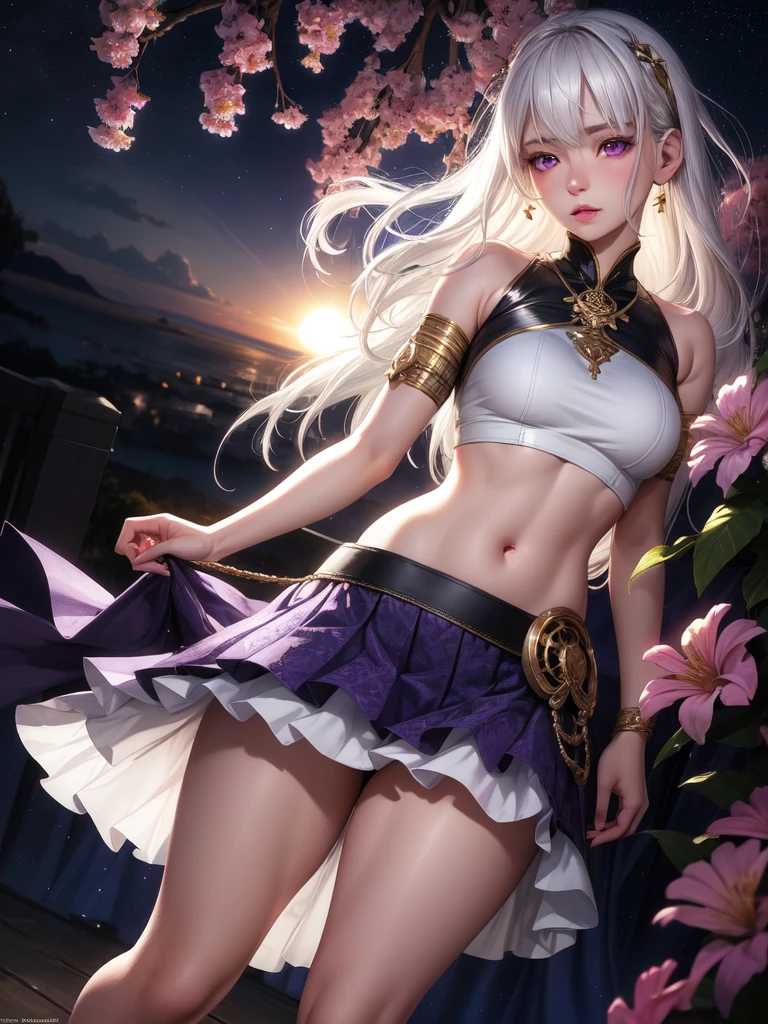 realistic, 1girl, white hair, purple eyes, glowing eyes, crop top, skirt, parted lips, blush, night, flowers, sun, sunlight, ,