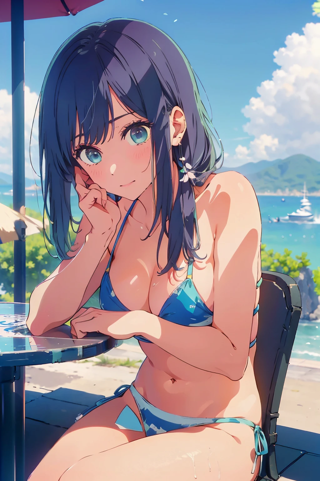 (Highest quality:1.4、8K:1.4、detailed)、F cup bust、Big Breasts、Slim body、Very white beautiful skin、((((1 person、Surprised expression、sit、Chair、In the background are the urban buildings of Tokyo、looking at the camera、Outdoor café terrace、coastal、Navy hair color、juice、Shooting up close、table、Very cute face))))、((((Bikini ))))、(Pose of putting hair behind ears with hands:1.4)、Very blue sky、A completely cloudless sky