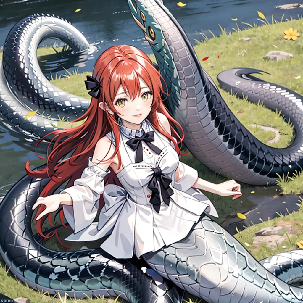 Lunis, female, solo person, long red hair, green eyes, freckles, blush face, white slavic nightie, slavic dress, grass field, sleepy face, sleep, (naga:1.2), (snake girl), cutie face, nice, kind, red snake skin, scale, (best quality, 4k, 8k, highres, masterpiece:1.2), ultra-detailed, HDR, UHD, ultra-fine painting, sharp focus