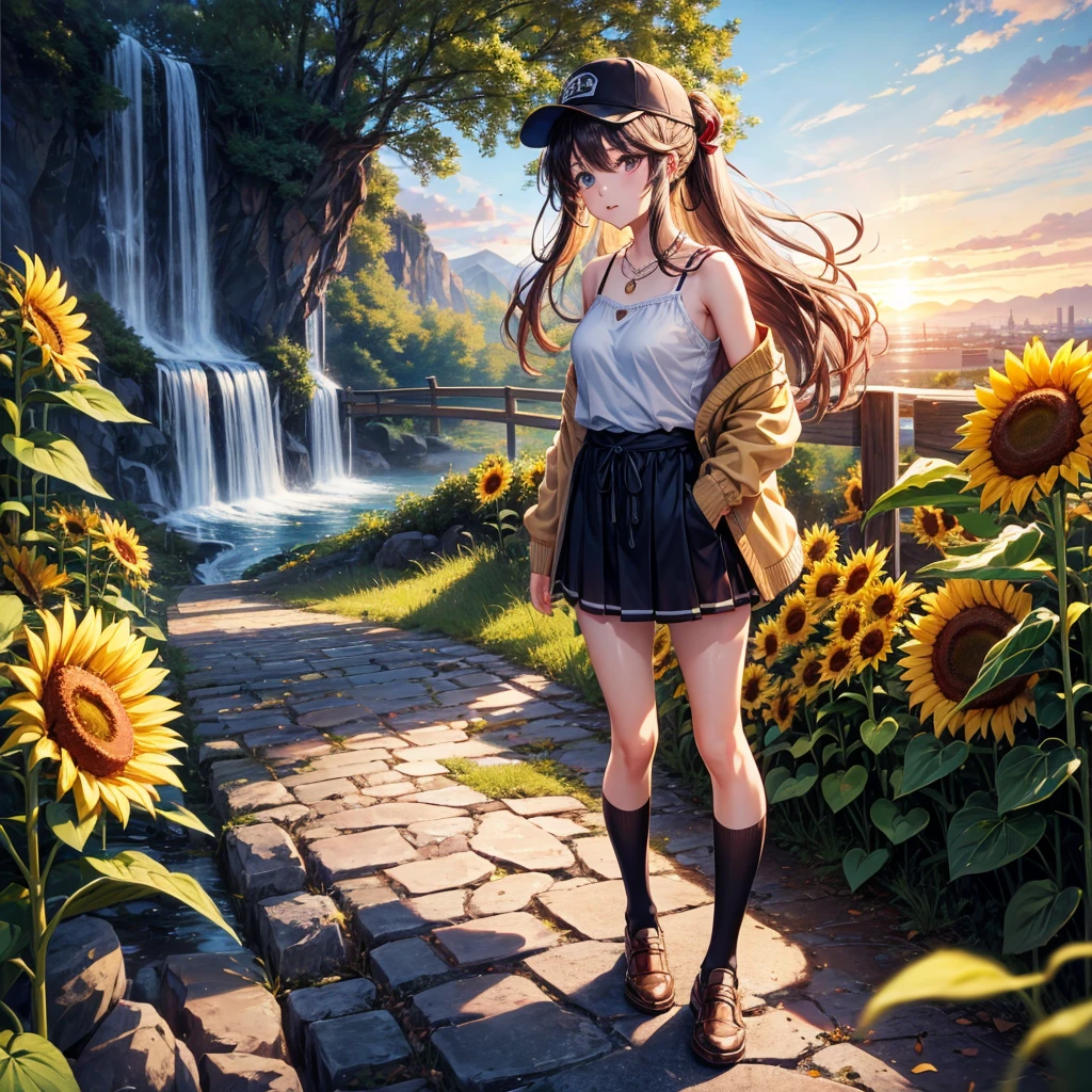 Red, brown, gold, gold hair、Golden Eyes、Hair tied up、One good looking girl、solo、anime、Checkered 、Ruffles on the skirt、camisole、camisole、Lightweight cardigan、Black knee-high socks、Wearing a baseball cap、Ribbon、Ribbon on waist、Teeth are visible、Sunset sky、Cumulonimbus、Silver coin necklace、shine、From above、Sparks are flying、tunnel、Cobblestones、Hands in pockets、waterfall、Clear Stream、Sunflower field、Have sunflowers