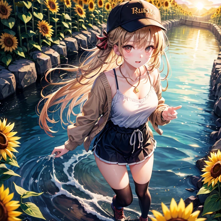 Red, brown, gold, gold hair、Golden Eyes、Hair tied up、One good looking girl、solo、anime、Checkered mini skirt、Ruffles on the skirt、camisole、camisole、Lightweight cardigan、Black knee-high socks、Wearing a baseball cap、Ribbon、Ribbon on waist、Teeth are visible、Sunset sky、Cumulonimbus、Silver coin necklace、shine、From above、Sparks are flying、tunnel、Cobblestones、Hands in pockets、waterfall、Clear Stream、Sunflower field、Have sunflowers