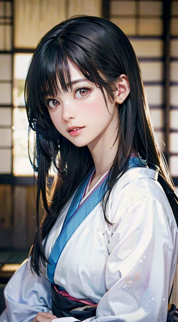 (Realistic)、(Realistic:1.2)、(High resolution)、Very detailed、Very beautiful face and eyes、1 girl、Delicate body、(highest quality、Attention to detail、Rich skin detail)、(highest quality、8k、Oil paint:1.2)、Very detailed、(Realistic、Realistic:1.37)、Bright colors、Full Body Shot,black_hair, Beautiful 8k eyes,Looking_in_Audience,One person in,Are standing,((Very beautiful woman, Fuller lips, Japanese pintern kimono))、((Colorful Japanese kimono)))、(((blackhair)))、(((Blunt bung,long straight hair)))、((( Inside an old Japanese house with a (short focus :1.4),)))、(masterpiece, highest quality, highest quality, Official Art, beautifully、aesthetic:1.2),(Fractal Art:1.3),Sengoku period、Greg Rutkowski Written by Alphonse Mucha Ropp,short ,uchikake,nishijin ori,(realistic light and shadow), (real and delicate background),(muted colors, dim colors, soothing tones:1.3), low saturation, (hyperdetailed:1.2), (noir:0.4),drow,blurry_light_background, (vibrant color:1.2), cinematic lighting, ambient lighting,Single Shot,Shallow Focus,pink lip,blurry light background,