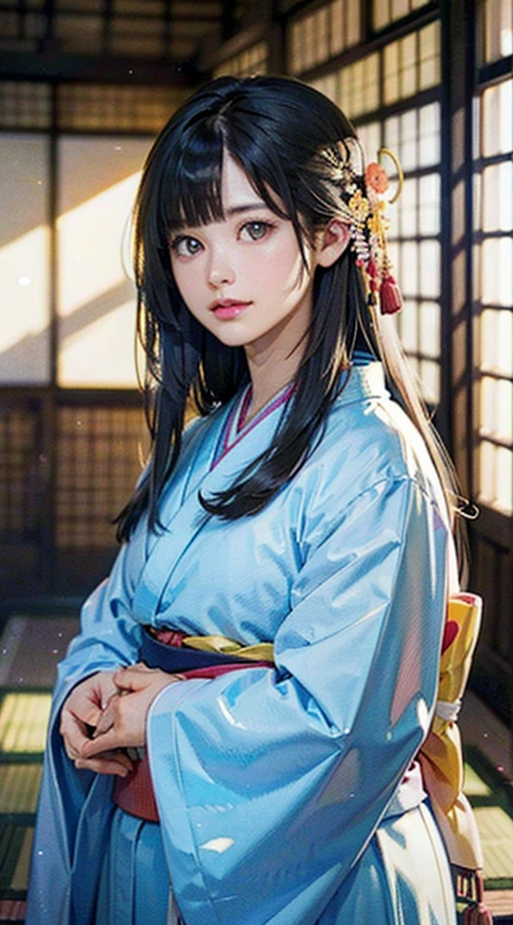 (Realistic)、(Realistic:1.2)、(High resolution)、Very detailed、Very beautiful face and eyes、1 girl、Delicate body、(highest quality、Attention to detail、Rich skin detail)、(highest quality、8k、Oil paint:1.2)、Very detailed、(Realistic、Realistic:1.37)、Bright colors、Full Body Shot,black_hair, Beautiful 8k eyes,Looking_in_Audience,One person in,Are standing,((Very beautiful woman, Fuller lips, Japanese pintern kimono))、((Colorful Japanese kimono)))、(((blackhair)))、(((Blunt bung,long straight hair)))、((( Inside an old Japanese house with a (short focus :1.4),)))、(masterpiece, highest quality, highest quality, Official Art, beautifully、aesthetic:1.2),(Fractal Art:1.3),Sengoku period、Greg Rutkowski Written by Alphonse Mucha Ropp,short ,uchikake,nishijin ori,(realistic light and shadow), (real and delicate background),(muted colors, dim colors, soothing tones:1.3), low saturation, (hyperdetailed:1.2), (noir:0.4),drow,blurry_light_background, (vibrant color:1.2), cinematic lighting, ambient lighting,Single Shot,Shallow Focus,pink lip,blurry light background,