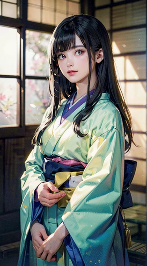 (Realistic)、(Realistic:1.2)、(High resolution)、Very detailed、Very beautiful face and eyes、1 girl、Delicate body、(highest quality、Attention to detail、Rich skin detail)、(highest quality、8k、Oil paint:1.2)、Very detailed、(Realistic、Realistic:1.37)、Bright colors、Full Body Shot,black_hair, Beautiful 8k eyes,Looking_in_Audience,One person in,Are standing,((Very beautiful woman, Fuller lips, Japanese pintern kimono))、((Colorful Japanese kimono)))、(((blackhair)))、(((Blunt bung,long straight hair)))、((( Inside an old Japanese house with a (short focus :1.4),)))、(masterpiece, highest quality, highest quality, Official Art, beautifully、aesthetic:1.2),(Fractal Art:1.3),Sengoku period、Greg Rutkowski Written by Alphonse Mucha Ropp,short ,uchikake,nishijin ori,(realistic light and shadow), (real and delicate background),(muted colors, dim colors, soothing tones:1.3), low saturation, (hyperdetailed:1.2), (noir:0.4),drow,blurry_light_background, (vibrant color:1.2), cinematic lighting, ambient lighting,Single Shot,Shallow Focus,pink lip,blurry light background,