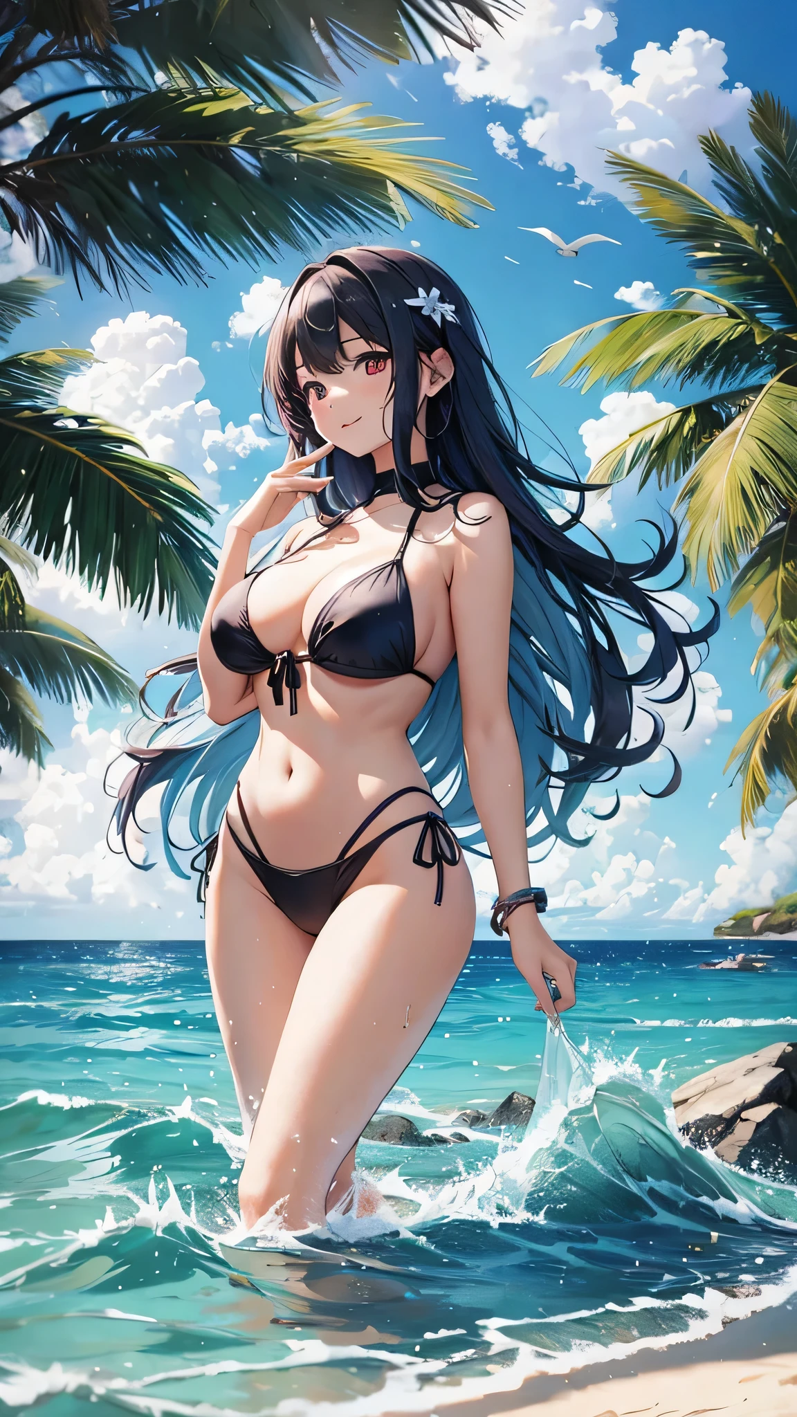 Highest quality、Highest quality、Masterpiece、girl((20-year-old、as soon as、Highest Bust、Medium Bust、Wide open chest、Red glowing eyes、Light Blue Hair、Disheveled Hair、Loincloth、thin、The best valley、Open chest、Full body view、Colorful Bikini、Smile、Leaning forward greatly))、high quality、Beautiful Art、background((Ocean、Wave、beach、Palm tree))、flight、Flying Debris、Depth of text、movie、Visual Arts、Perfect Art、8K、Genuine、Special Angles