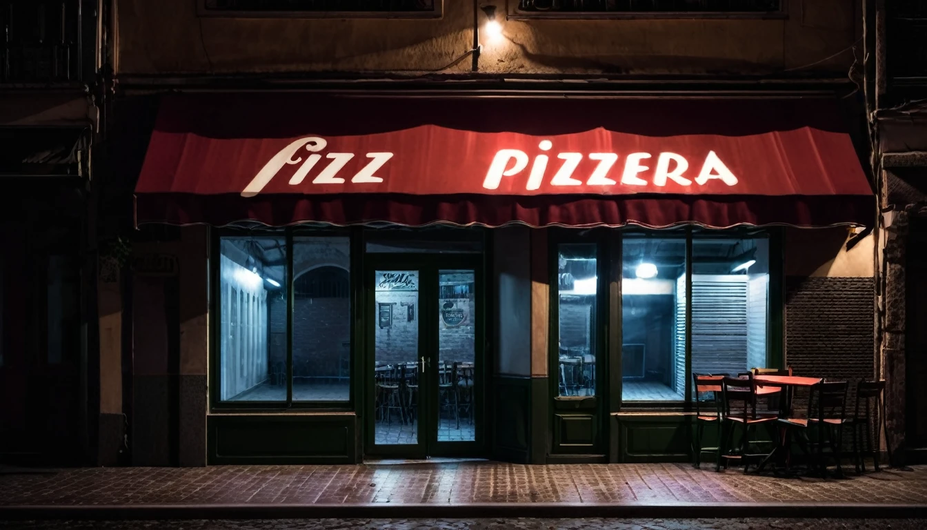 front facade of a pizzeria, dark, ominous night, no people in the place