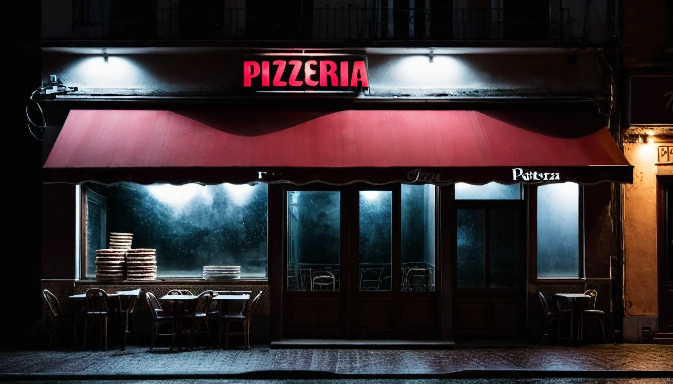 front facade of a pizzeria, dark, ominous night, no people in the place
