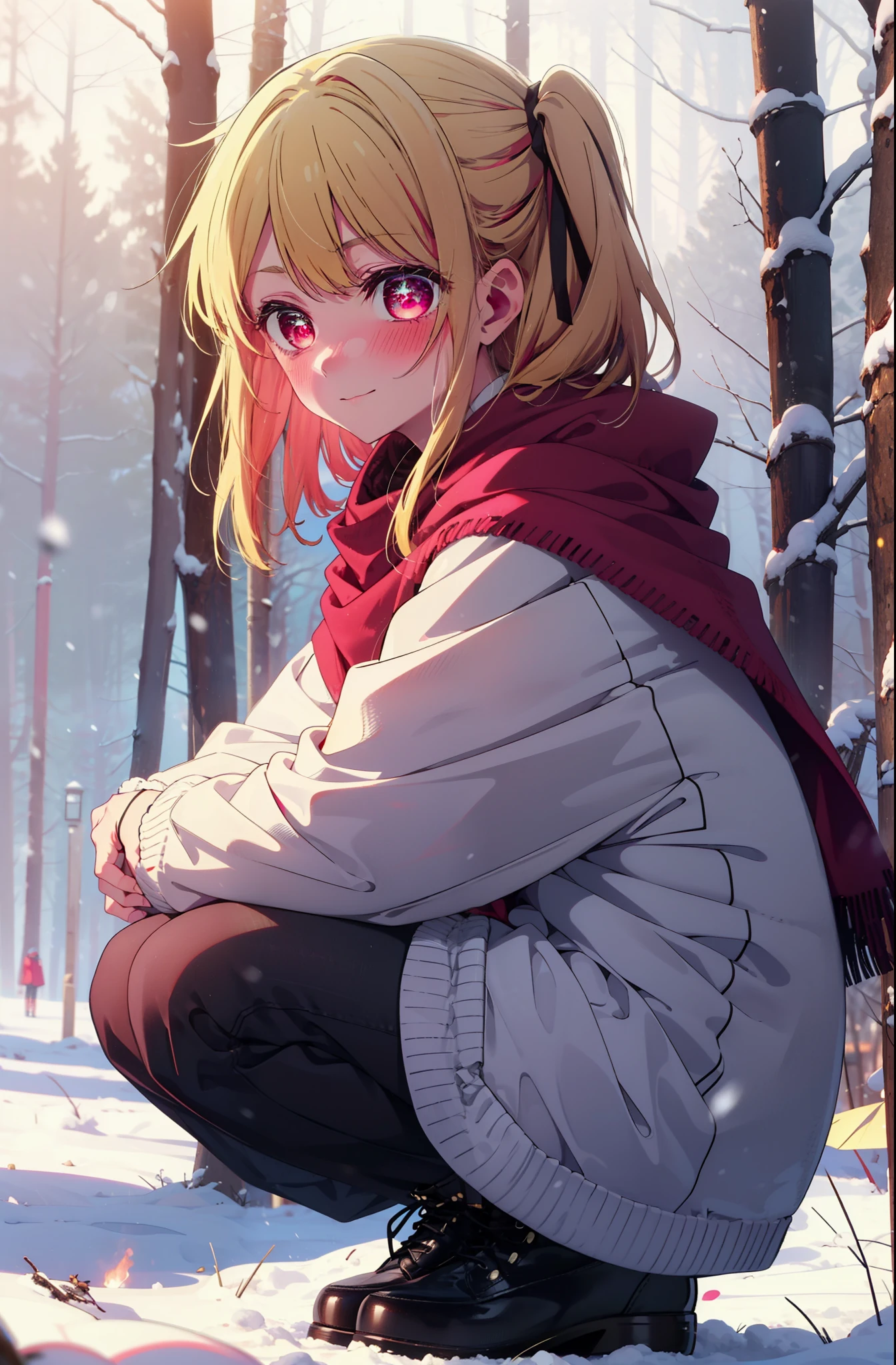 rubyhoshino, Hoshino Ruby, Long Hair, bangs, Blonde, (Pink Eyes:1.3), Side Lock, (Symbol-shaped pupil:1.5), Multicolored Hair, Two-tone hair, smile,,smile,blush,White Breath,
Open your mouth,snow,Ground bonfire, Outdoor, boots, snowing, From the side, wood, suitcase, Cape, Blurred, , forest, White handbag, nature, Squat, Mouth closed, Cape, winter, Written boundary depth, Black shoes, red Cape break looking at viewer, Upper Body, whole body, break Outdoor, forest, nature, break (masterpiece:1.2), Highest quality, High resolution, unity 8k wallpaper, (shape:0.8), (Beautiful and beautiful eyes:1.6), Highly detailed face, Perfect lighting, Highly detailed CG, (Perfect hands, Perfect Anatomy),